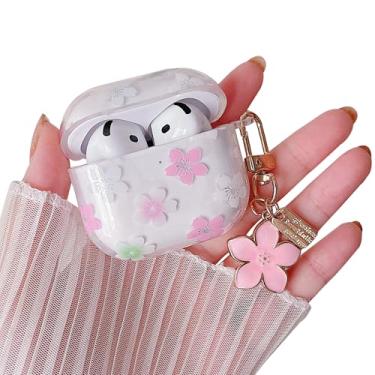 Imagem de MINSCOSE Capa transparente compatível com AirPods 4, capa de fone de ouvido linda flor com chaveiro floral, capa protetora de TPU transparente macio para AirPod 4 para meninas e mulheres - rosa