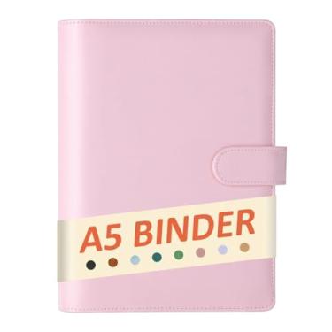Imagem de DONBAO Pasta A5 com 6 anéis, recarregável, agenda, agenda, capa para papel de agenda, suporte de cartão de foto de folha solta de couro PU, organizador pessoal para fichário econômico (rosa claro, A5)