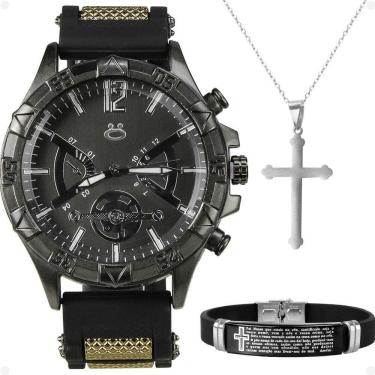 Imagem de Relogio Masculino Preto Aço + Colar Crucifixo + Pulseira Social Prata Ponteiro Oração Pai Nosso