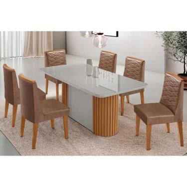 Imagem de Conjunto Sala de Jantar Pilar c/ Tampo Madeirado c/ Vidro Canto Curvo 180x90cm e 6 Cadeiras Maldivas Madeira Maciça Naturale/Off White - Capuccino/Cor