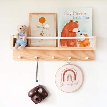 Imagem de Prateleira Montessori Infantil em Madeira Natural 50 cm com Ganchos