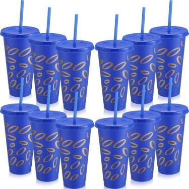 Imagem de LemonRoad 12 peças azul com anel dourado lembrancinhas de festa temáticas 680 g copos de plástico com canudos e tampas copo reutilizável com tema de desenho animado presente para decorações de festa