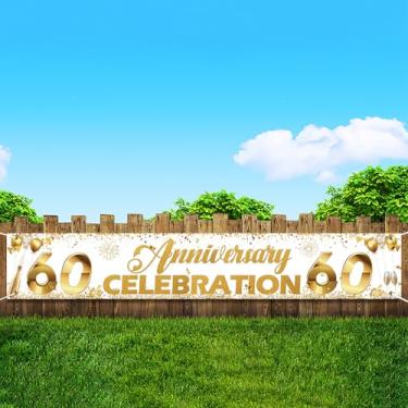 Imagem de Pano de fundo para festa de aniversário de 60 anos, branco e dourado, branco e dourado, para decoração de festa de casamento