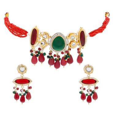 Imagem de Bodha Kundan multicolorido banhado a ouro, colar gargantilha com contas de pérola CZ com brincos maching, conjunto de joias para mulheres (SJN_298_P), 16, Latão, Sem Pedra Preciosa