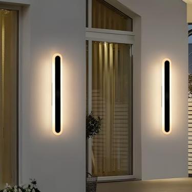 Imagem de Daoseolo Pacote com 2 lâmpadas de parede longas para varanda externa, arandela oval moderna de LED de 59,9 cm, IP65 impermeável, branco quente 3000K, 24W, luminária linear externa para pátio, quintal