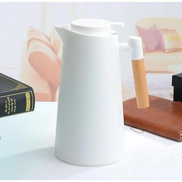 Imagem de Garrafa Térmica com Termômetro LED, 1 Litro, Design Moderno, Cabo de Madeira, para Chá e Café (Branco)