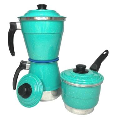 Imagem de Cafeteira Italiana, Cafeteira de Aluminio, 1l Italiana em AlumíNio + Cuscuzeiro Individual PorçãO Unica + Fervedor, Kit 3 em 1 Multiuso Cafeteira(Verde)