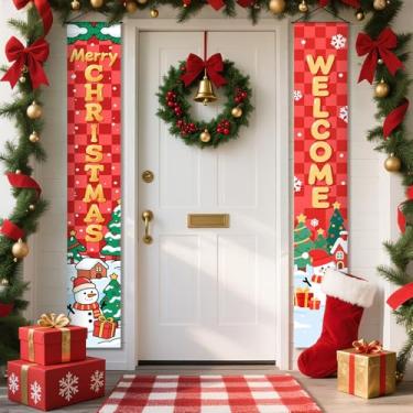 Imagem de Placa de alpendre de Natal, decoração de feliz Natal, banners de porta para pátio, decoração de Natal, inverno, feriado, sinalização de quintal (vermelho 4, 11,8 W" x 70,8L")