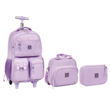 Imagem de Kit Mochila 18” Pins Removíveis Acompanhante Escolar Juvenil 2 Rodas Escolar Com Lancheira Térmica E Estojo (LILÁS)