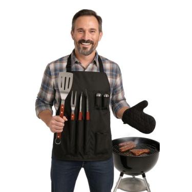 Imagem de Kit Churrasco 8pçs Inox Cabo Madeira Avental Luva E Estojo - Art House