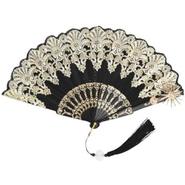 Imagem de SOFPLATE Ventilador chinês preto dobrável à mão leques de poliéster plástico liga dourada sol flor padrão retrô leques de mão dobráveis com pingente de borla para festa casamento igreja dança