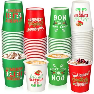 Imagem de Jingmore Copos de papel de Natal com 100 unidades, descartáveis, 255 g, artigos de festa de Natal, impressos com elfos e Papai Noel para café, chocolate quente, cacau, bebidas, chá, decorações de