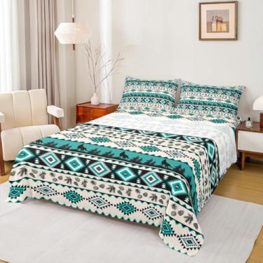 Imagem de Manfei Jogo de cama infantil geométrico asteca, conjunto de cama étnico tribal do sudoeste, decoração de quarto infantil rústico, cabana rústica de lobo, lençol retrô bege (com elástico + plano + 2