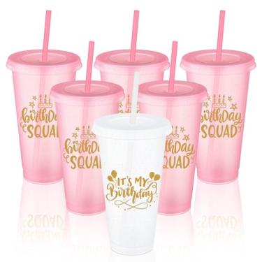 Imagem de Jingmore Copos de plástico de esquadrão de 680 g com tampa e canudo para decorações de aniversário de 20, 30, 40, 50, 60 anos, lembrancinha para mulheres e adultos (branco, rosa, 6 peças)