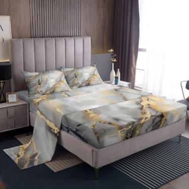 Imagem de Erosebridal Jogo de lençol King em mármore cinza dourado para mulheres e homens, com textura de mármore abstrato, lantejoulas bronzeadoras, conjunto de lençóis de mármore retrô cinza com 4 peças