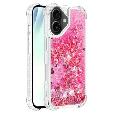 Imagem de Capa de telefone à prova de choque para iPhone 17 com glitter líquido de areia movediça e corações flutuantes, capa de TPU de camada dupla reforçada com 4 cantos, protetor de telefone seguro