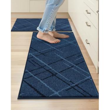 Imagem de COSY HOMEER Tapetes de cozinha, 2 peças de tapete de cozinha antiderrapante, lavável, tapetes absorventes para piso de cozinha, tapete de pia de cozinha de poliéster 51 x 81 cm + 51 x 122 cm (azul)