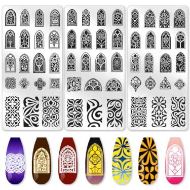 Imagem de beinkmake 3 peças de placa de estampagem de unhas de janela rosa, modelos de carimbos de arte de unhas de aço inoxidável, ferramentas reutilizáveis com raspador de carimbo para impressão de manicure