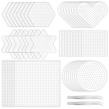 Imagem de 50 Pegboards de contas de fusível de 5 mm, placas de contas grandes de plástico com 2 pinças, quadros de contas transparentes para projetos de contas de artesanato DIY (6 formas)