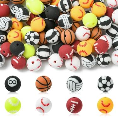 Imagem de Ipotkitt 80 peças, 8 estilos, contas esportivas feitas à mão, de argila de polímero, bola de basquete, futebol, beisebol, contas soltas para joias faça você mesmo, pulseira, colar, brincos, pulseira