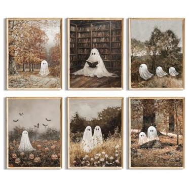 Imagem de Arte de parede de Halloween vintage lindo pôster em tela fantasma assustador decoração de parede fantasma Halloween imagens paisagens floresta impressões abóbora pintura estética fazenda galeria para