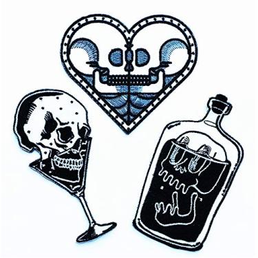 Imagem de Conjunto de 3 peças Dia da Morte Coração Caveira de Açúcar Garrafa de Licor Caneca Infantil Desenho de Ferro em Patch Bordado Suprimentos para Jaqueta Bolsas Jeans Mochila Roupas DIY