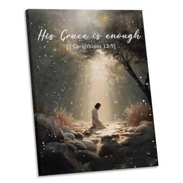 Imagem de AEHIE Arte de parede em tela vintage de inverno com orações cristãs de Jesus, Sua Graça é Suficiente, decoração de arte de parede, versículo bíblico de inverno rústico religioso Jesus decoração em