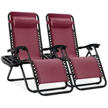 Imagem de Cadeira de Praia Reclinável Zero Gravity de Malha de Aço Ajustável - Conjunto de 2 - Borgonha,Best Choice Products