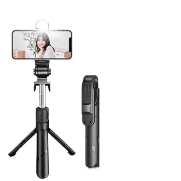 Imagem de Bastão de Selfie com Luz LED Recarregável e Bluetooth – Tripé 2 em 1 com Controle Remoto, Ajuste 360°, Extensível até 65cm, Ideal para Fotos e Vídeos (preto)
