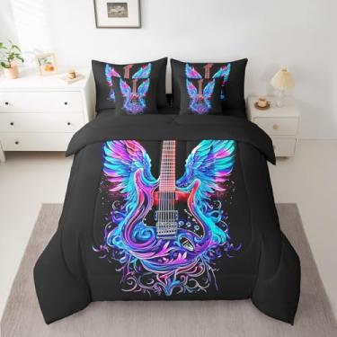 Imagem de Manfei Jogo de cama com guitarra com asas, 7 peças, rock roll, tema musical para crianças, Queen (1 edredom, 2 fronhas, 2 fronhas, 1 lençol de cima, 1 lençol com elástico)