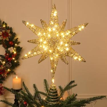 Imagem de Obralitic Topo de estrela de árvore de Natal de 38 cm com 60 luzes LED temporizador e controle remoto, topo de árvore de estrela morávia dourado iluminado alimentado por USB de 18 pontos para