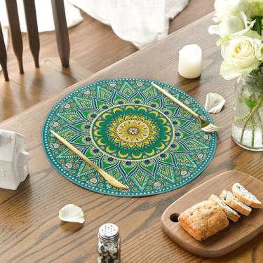 Imagem de Jogo americano redondo mandala verde amarela conjunto de tapetes de mesa sazonais de primavera de 10,5 cm para decoração de festa, cozinha, jantar