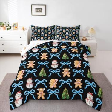 Imagem de Feelyou Conjunto de edredom de Natal preto para crianças, solteiro, laço azul, fofo, pão de gengibre, para meninos, meninas, adolescentes, árvore de Natal, boneco de neve, inverno, férias, edredom