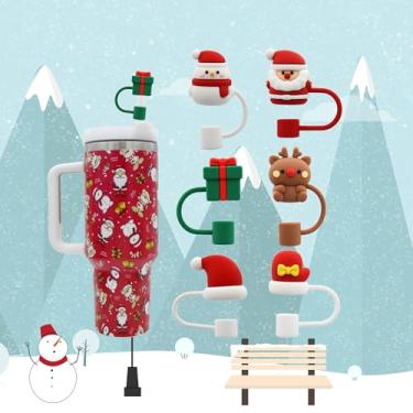 Imagem de Meitesti Tampa de palha para copo Stanley, bonito topo de palha de Natal, 10 mm, 6 peças, vermelho, silicone, redondo