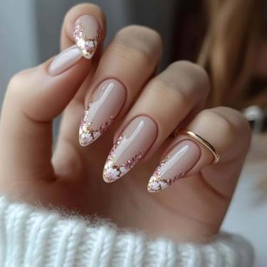 Imagem de Unhas postiças de amêndoa média com design requintado de flor, cobertura completa, cola artificial em bastão falso para mulheres, casamento, 24 peças
