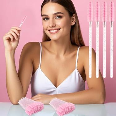 Imagem de 100 pincéis de cílios descartáveis, kits de maquiagem aplicadores de varinhas de rímel, pincéis de spoolies de cílios para extensões de cílios e sobrancelhas (rosa)