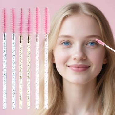 Imagem de 150 peças de varinhas de rímel com glitter descartáveis para cílios Spoolie Pincéis aplicadores de maquiagem Kit de ferramentas de extensão de cílios (alça mista, rosa/dourado/azul)