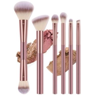 Imagem de 6 pincéis de base de cabeça dupla, pincel de maquiagem poderoso, pincel de sombra para líquido, creme e pó - pincel de polimento, mistura e rosto