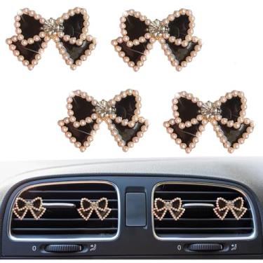 Imagem de 4 peças com laço de pérola brilhante clipe de saída de ar fofo aromatizador de ar de carro decoração de interiores charmosos acessórios interiores coloridos para meninas e mulheres (preto)