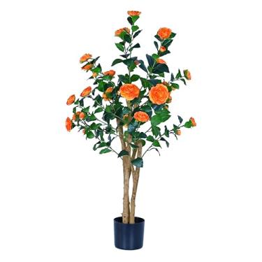 Imagem de Camélia de árvores artificiais realistas com troncos de madeira natural, rosa sintética de seda perene com flores de seda, decoração interna para sala de estar, varanda, escritório (laranja, 1,2 m x 1