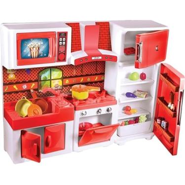 Imagem de Cozinha de Brinquedo Infantil com Geladeira,Faz de Conta e Casinha, Armário, Fogão e Coifa, Conjuntos de Cozinha de Brinquedo - Vermelha