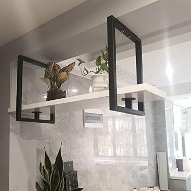 Imagem de Prateleira de teto - Rack de vinho de teto de 1 camada - Suporte de exibição flutuante de parede de ferro forjado, suporte de plantas suspenso de madeira maciça, rack de armazenamento de bar/cozinha