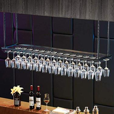 Imagem de Prateleiras de vinho de teto industriais de 2 camadas com suporte para copos, barra de teto de metal, altura ajustável para cozinha/bar/restaurante