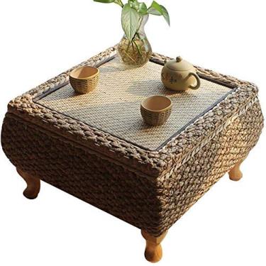 Imagem de Mesa de café pequena mesa de jantar pura artesanal mesa de chá tatami plataforma baixa bambu e rattan mesa de armazenamento quadrada (cor: cáqui tamanho: 43 43 30 cm) (Caqui 50 * 50 * 30 cm) (Caqui 50