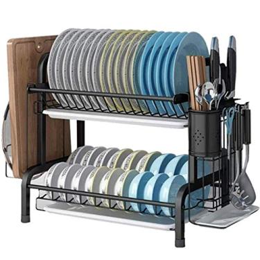 Imagem de BSNANCA Escorredor de talheres para lava-louças, escorredor de pratos de aço inoxidável 304 de 2 camadas com placa de drenagem, suporte de tábua de corte e escorredor de pratos para balcão de cozinha