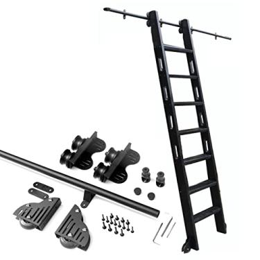 Imagem de Ferragem de biblioteca de escada deslizante de tubo redondo preto rústico retrátil (sem escada), 1 m - 6 m, escada rolante deslizante telescópica, ferragens com rolos de piso (tamanho: 10 pés/300 cm