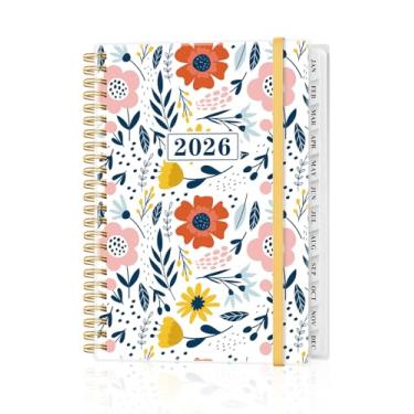Imagem de Agenda 2026 - Agenda anual de janeiro de 2026 a dezembro de 2026, agendas semanais e mensais encadernadas em espiral com abas de 12 meses, bolso interno, 16 cm x 21,6 cm, flor rosa