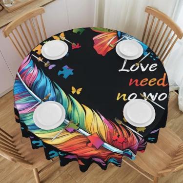 Imagem de Toalha de mesa redonda de penas colorida com autismo, impermeável, lavável, 152 cm, capa de mesa circular, protetor de mesa que pode ser amassado, para jantar, cozinha, festa, pátio, ambientes