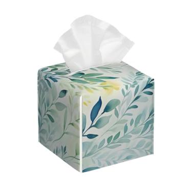 Imagem de Capa quadrada de couro para caixa de lenços de papel, impermeável, folha verde, retrô, organizador de papel facial com cinto inferior, estojo de lenços para mesa, banheiro, escritório, mesa, carro