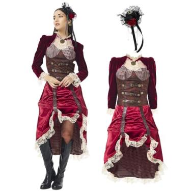Imagem de EJWCIG Vestido feminino steampunk gótico renascentista vitoriano fantasia medieval vestido de baile cosplay Halloween, Vermelho, G